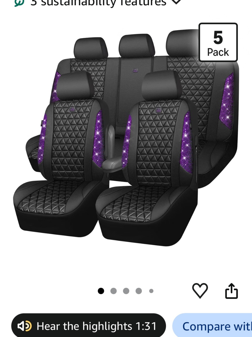 Universal Black and Purple Car Seat Covers - 5 Pack